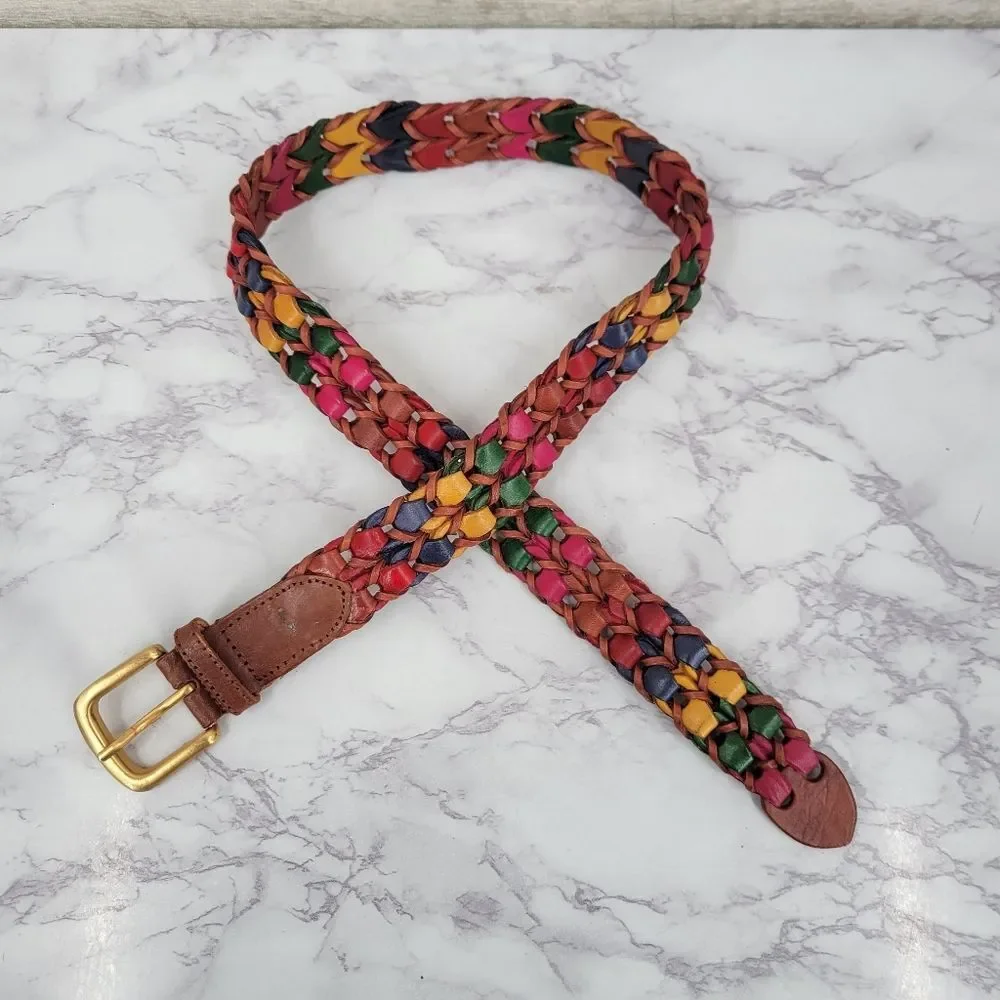 Vintage Woven Multicolor Leather Belt with Gold Tone Buckle